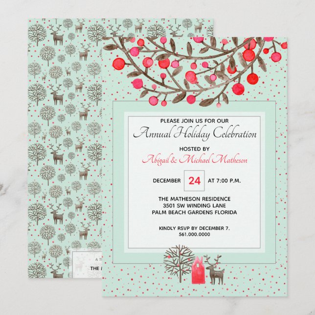 Woodland Reindeer Berries Mint Green Holiday Party Invitation (Front/Back)