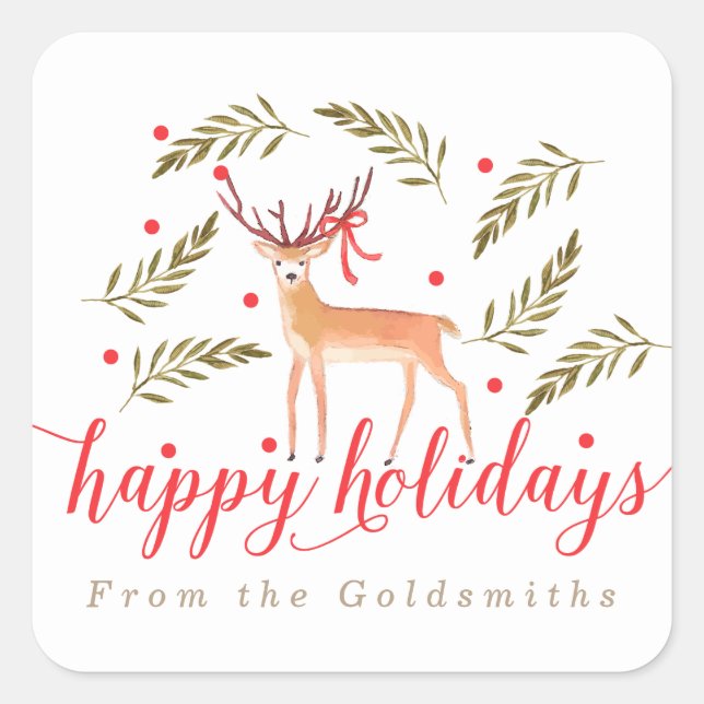 Woodland Reindeer Happy Holidays Personalised Square Sticker (Front)