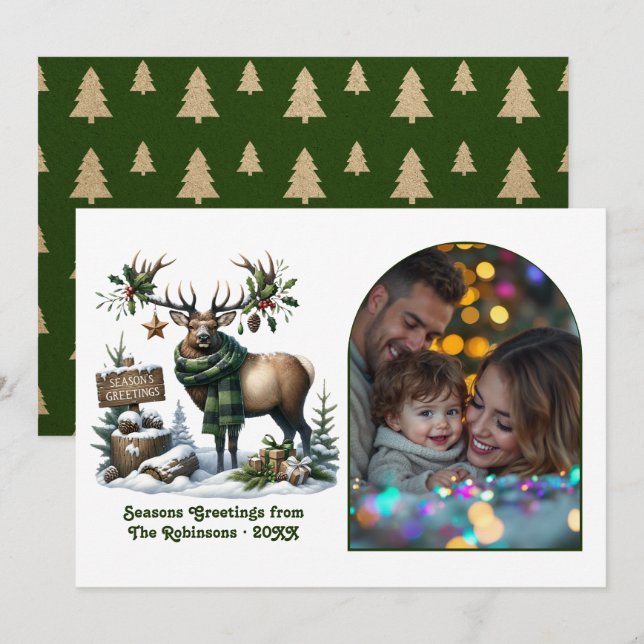 Woodland Reindeer Rustic Forest Christmas Photo Holiday Card (Front/Back)