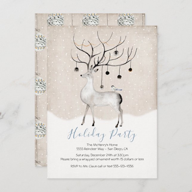 Woodland Reindeer Watercolor Holiday Party Invitation (Front/Back)