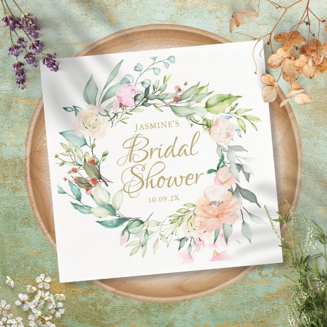 Woodland Rose Floral Gold Script Bridal Shower Napkin (Creator Uploaded)