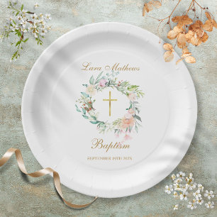 Woodland Rose Garland Baptism Christening Paper Plate