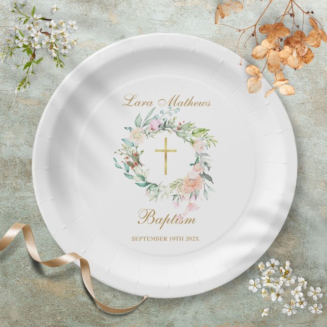 Woodland Rose Garland Baptism Christening Paper Plate (Woodland Rose Garland Baptism Christening Paper Plates)