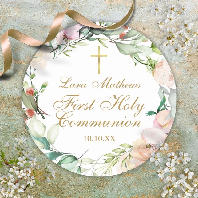 Woodland Rose Garland First Holy Communion Classic Round Sticker (Woodland Rose Garland First Holy Communion Classic Round Sticker)