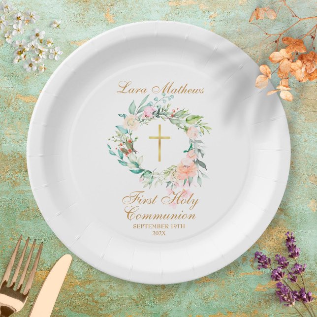 Woodland Rose Garland First Holy Communion Paper Plate (Creator Uploaded)
