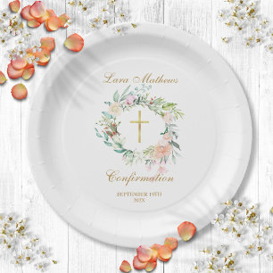 Woodland Rose Garland Gold Confirmation Paper Plate