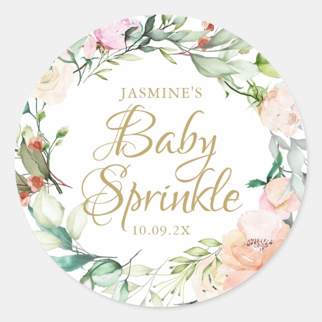 Woodland Roses Gold Script Baby Sprinkle Classic Round Sticker (Front)