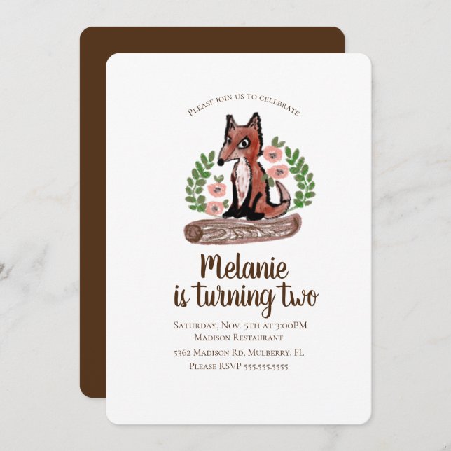 Woodland Rustic Fox Floral Birthday Party Invitation (Front/Back)