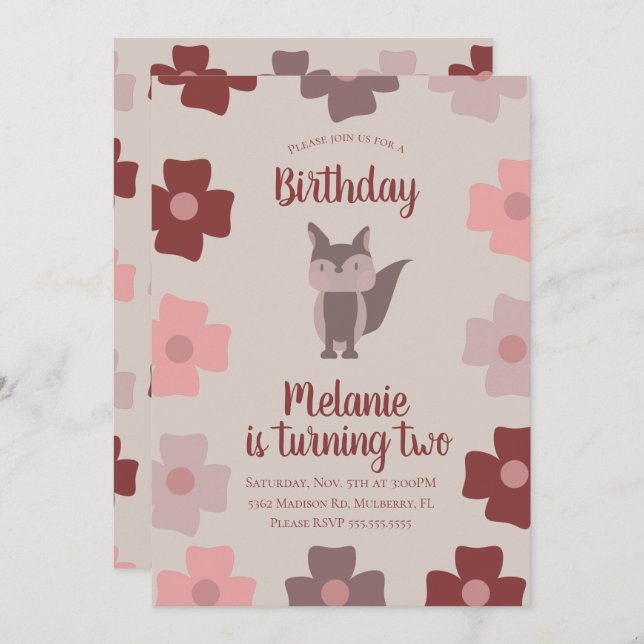 Woodland Rustic Fox Flowers Birthday Party  Invitation (Front/Back)