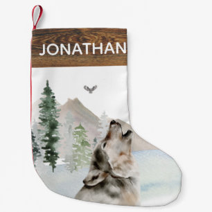 Woodland Rustic Watercolor Wolf Forest Small Christmas Stocking