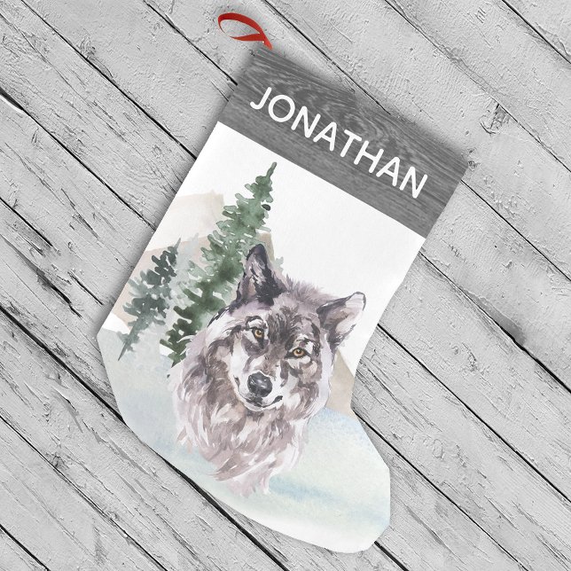 Woodland Rustic Watercolor Wolf Forest Small Christmas Stocking (Creator Uploaded)