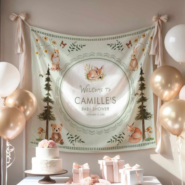 Woodland Sage Green Baby Shower Welcome Tapestry (Green Woodland Baby shower Welcome Backdrop)
