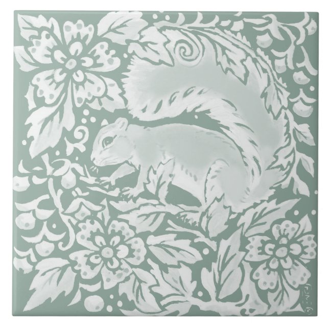 Woodland Sage Green Squirrel Nature Ceramic Tile (Front)