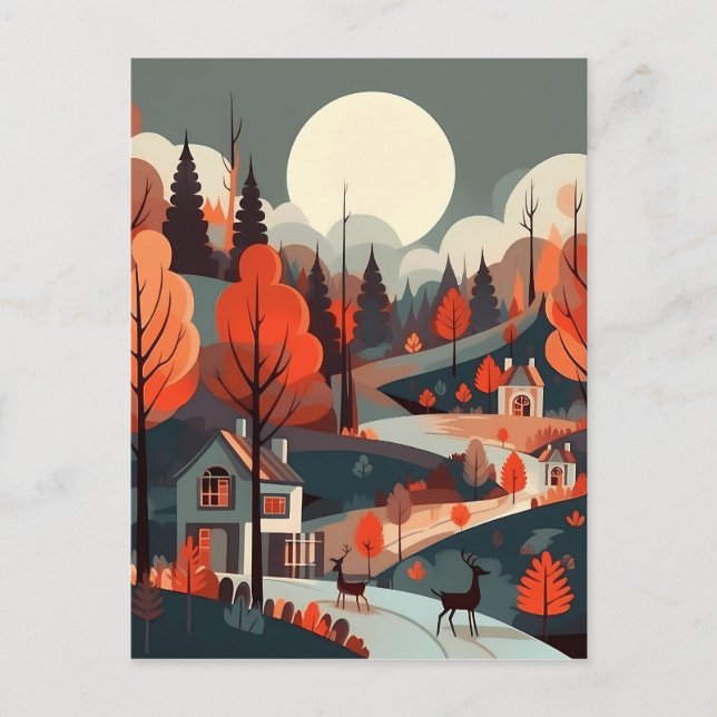 Woodland Scandi Village Art Postcard (Front)