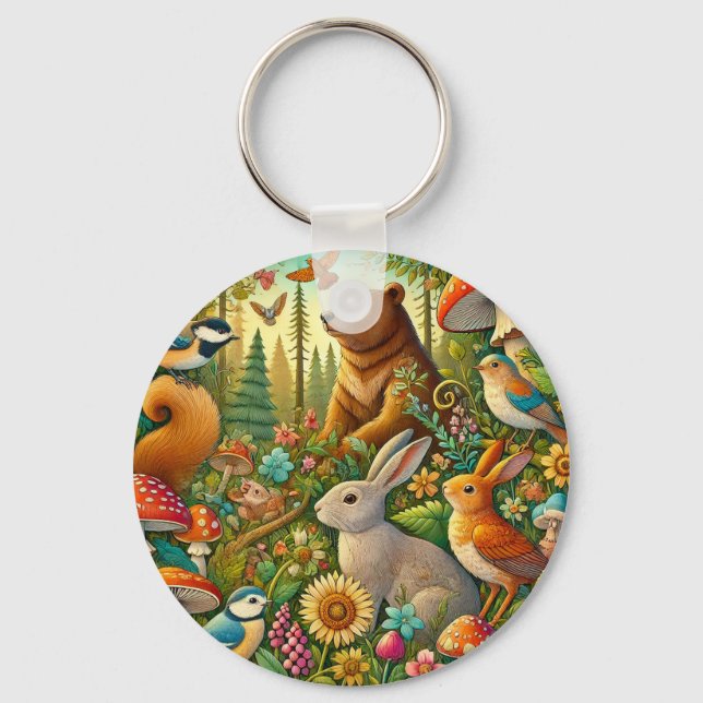 Woodland Scene with Cute Animals Key Ring (Front)