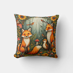Woodland Scene with Foxes, Birds, Sunflowers Cushion