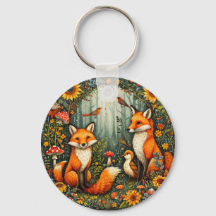 Woodland Scene with Foxes, Birds, Sunflowers Key Ring