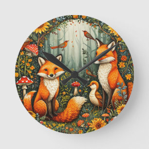 Woodland Scene with Foxes, Birds, Sunflowers Round Clock