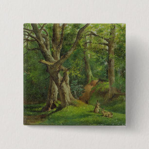 Woodland Scene with Rabbits, 1862 (oil on canvas) 15 Cm Square Badge