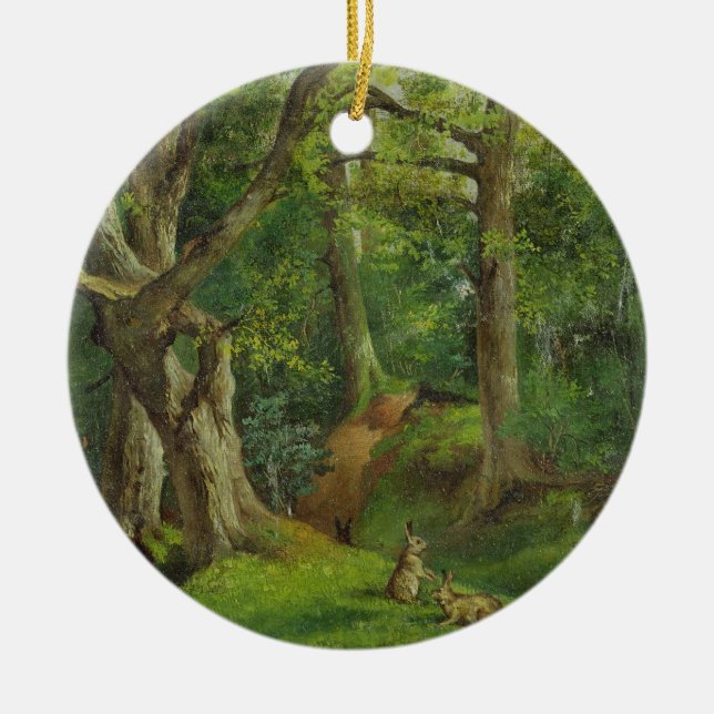 Woodland Scene with Rabbits, 1862 (oil on canvas) Ceramic Tree Decoration (Front)