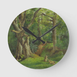 Woodland Scene with Rabbits, 1862 (oil on canvas) Round Clock