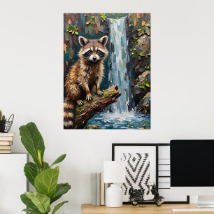 Woodland Serenity: Racoon by the Falls Poster