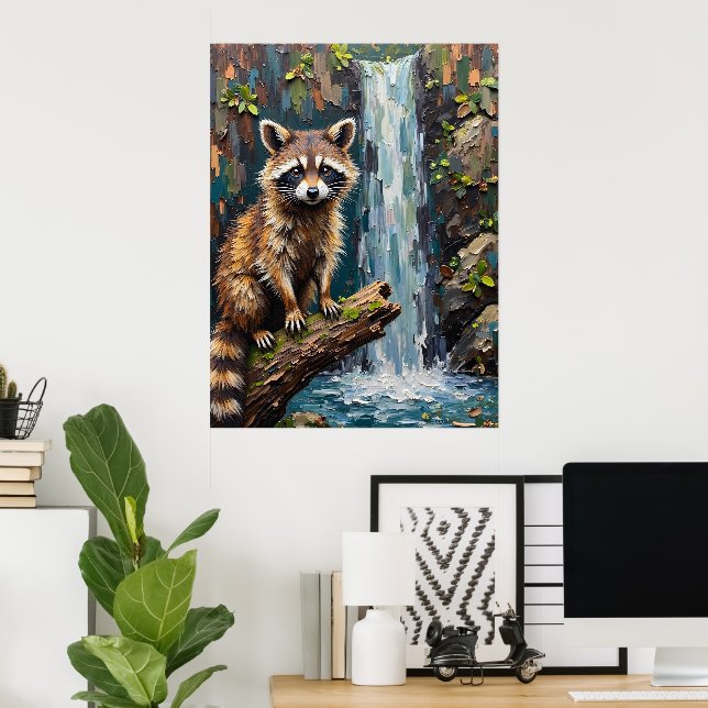 Woodland Serenity: Racoon by the Falls Poster (Home Office)