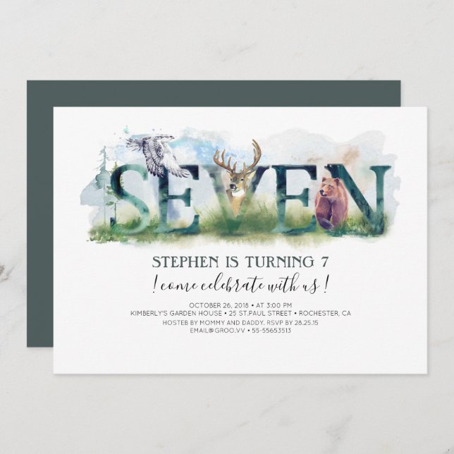 Woodland Seven - 7th Birthday Invitation (Front/Back)
