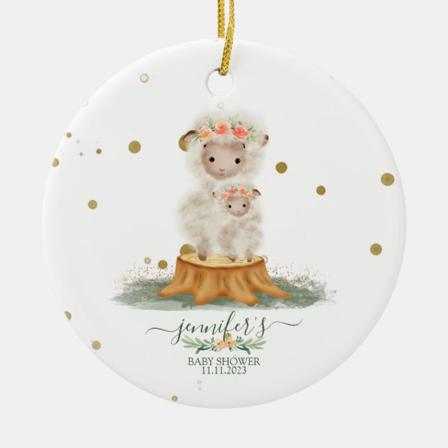 Woodland Sheep christmas baby shower Ceramic Ornament (Front)