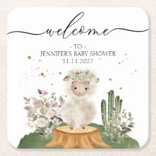 Woodland Sheep Girl Boy Baby Shower Square Paper Coaster
