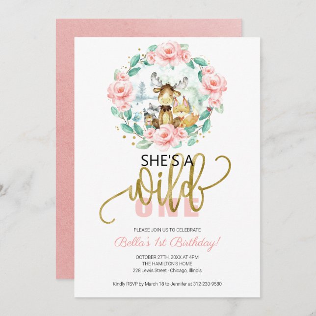 Woodland She's A Wild One First Birthday Invitation (Front/Back)