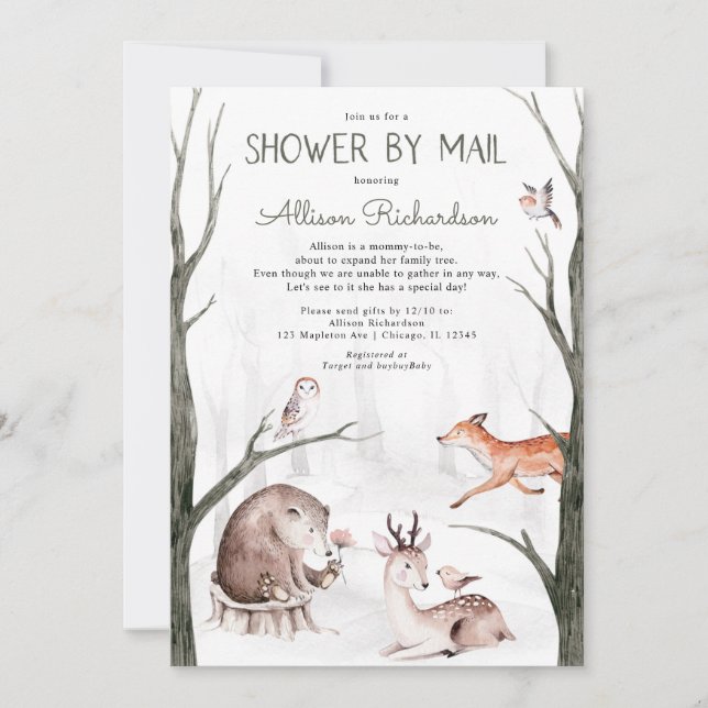 Woodland shower by mail forest friends baby shower invitation (Front)