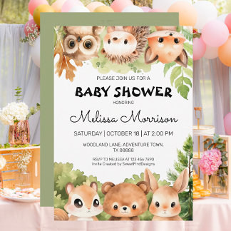 Woodland Six Animal Friends Baby Boy Shower Invitation