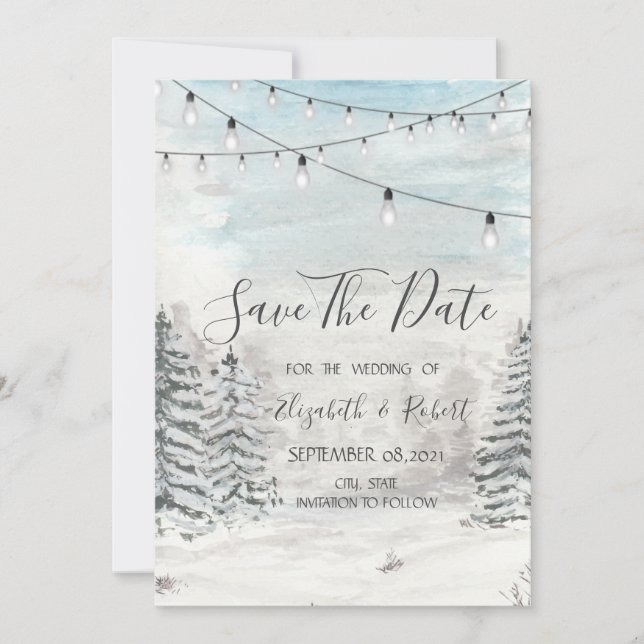Woodland,Snow,Forest String Lights Save The Date (Front)