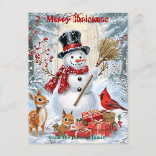 Woodland Snowman   Personalised Family Christmas Invitation Postcard