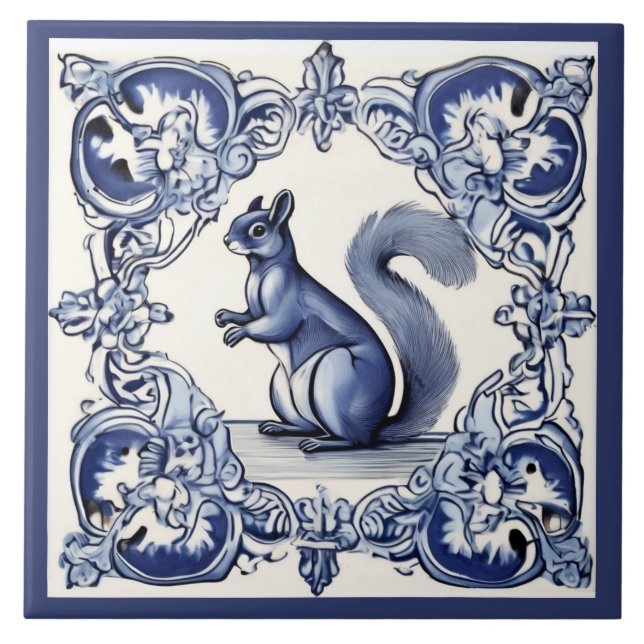 Woodland Squirrel Animal Art Navy Blue & White Ceramic Tile (Front)
