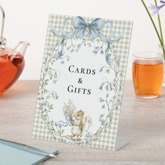 Woodland Squirrel Gingham Cards Gifts Baby Shower Pedestal Sign (In SItu)