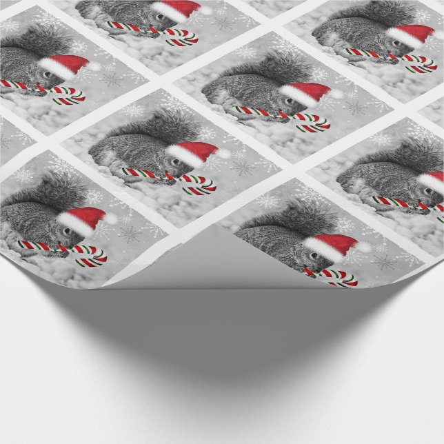 Woodland Squirrel in Red Santa Hat with Candycane Wrapping Paper (Corner)