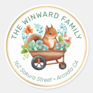 Woodland Squirrel in Wheelbarrow Floral Address Classic Round Sticker