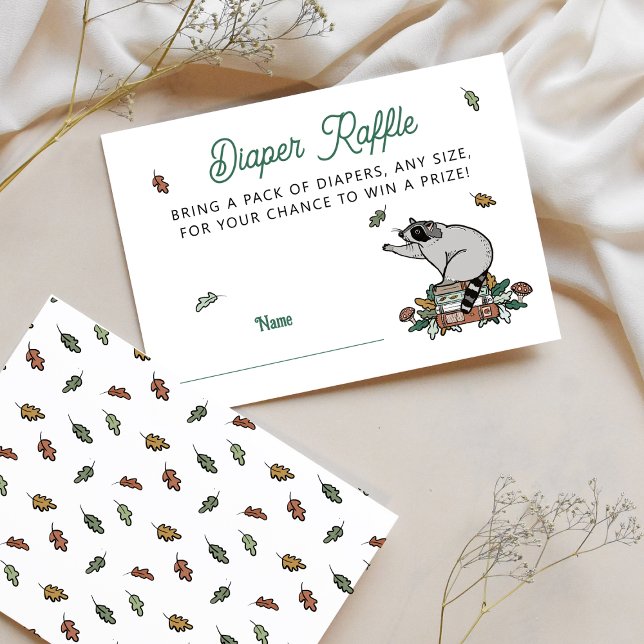 Woodland Storybook Baby Shower Diaper Raffle Enclosure Card (Diaper Raffle Baby Shower Enclosure with Woodland Racoon and Storybooks)