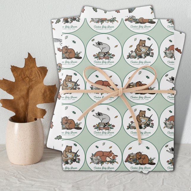 Woodland Storybook Baby Shower Wrapping Paper Sheet (Personalized Baby Shower Wrapping Paper - Woodland Storybook Themed)
