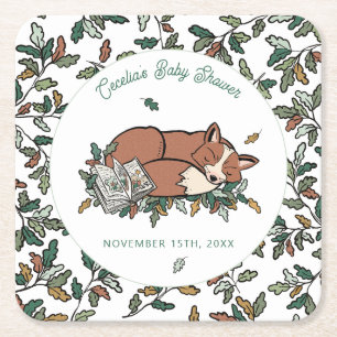 Woodland Storybook Fall Fox Baby Shower Square Paper Coaster