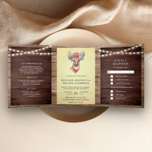Woodland String Lights Floral Deer Antlers Wedding Tri-Fold Invitation