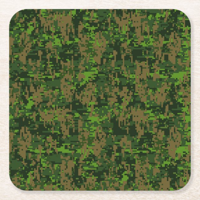 Woodland Style Digital Green Camouflage Decor Square Paper Coaster (Front)