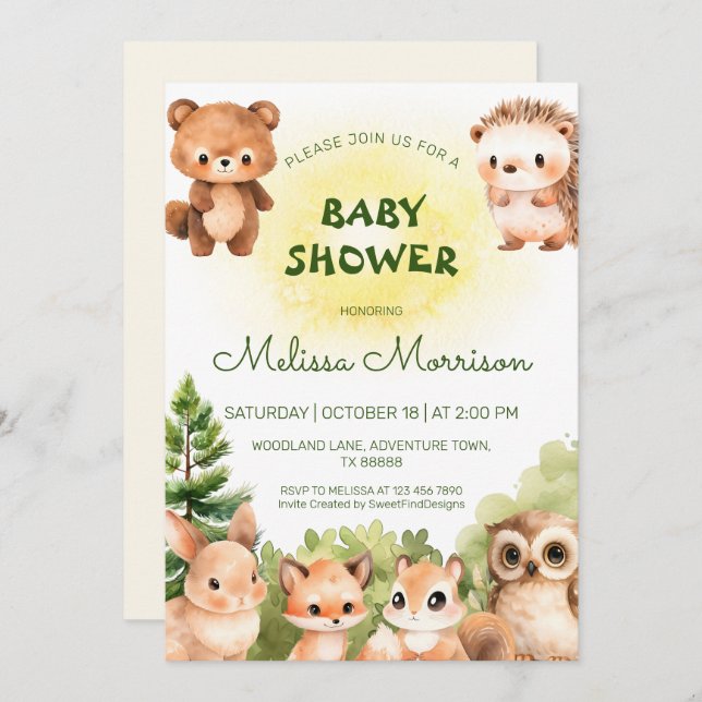 Woodland Sunshine Baby Boy Shower Invitation (Front/Back)