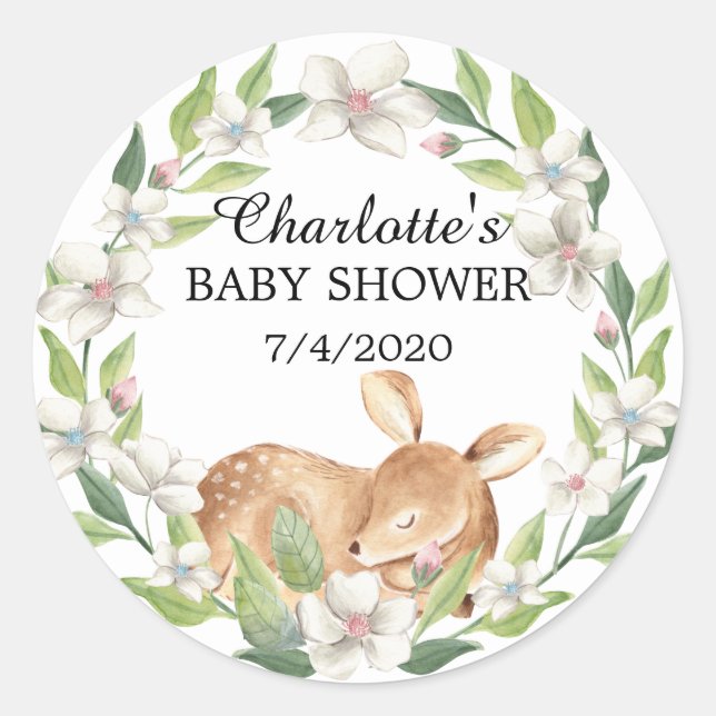Woodland Sweet Deer Baby Shower Classic Round Sticker (Front)