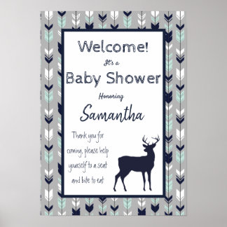 Woodland Theme Baby Shower Poster - Mint, Navy, gr