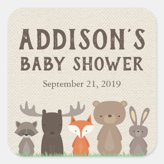 Woodland Themed Baby Shower Square Stickers (Front)