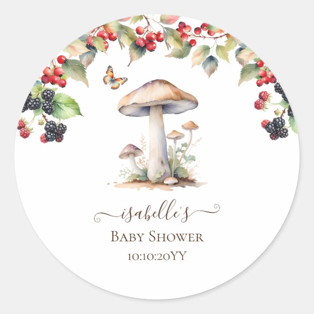Woodland Toadstool & Mushroom Fall Baby Shower  Classic Round Sticker (Front)