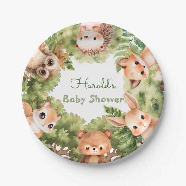 Woodland Together Boy Baby Shower Paper Plate (Front)